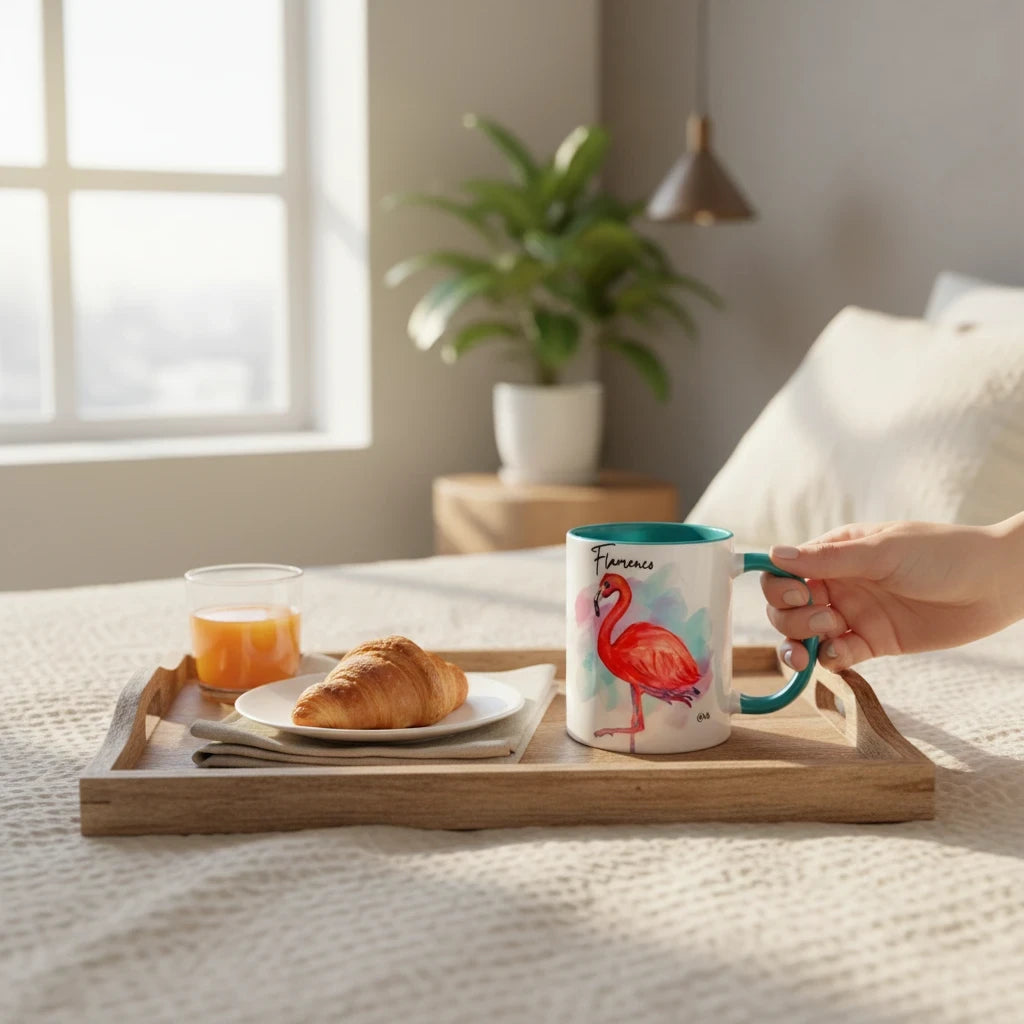 Alas y raíces ceramic mug with pink flamingo watercolor illustration, teal handle and rim, on a breakfast tray.