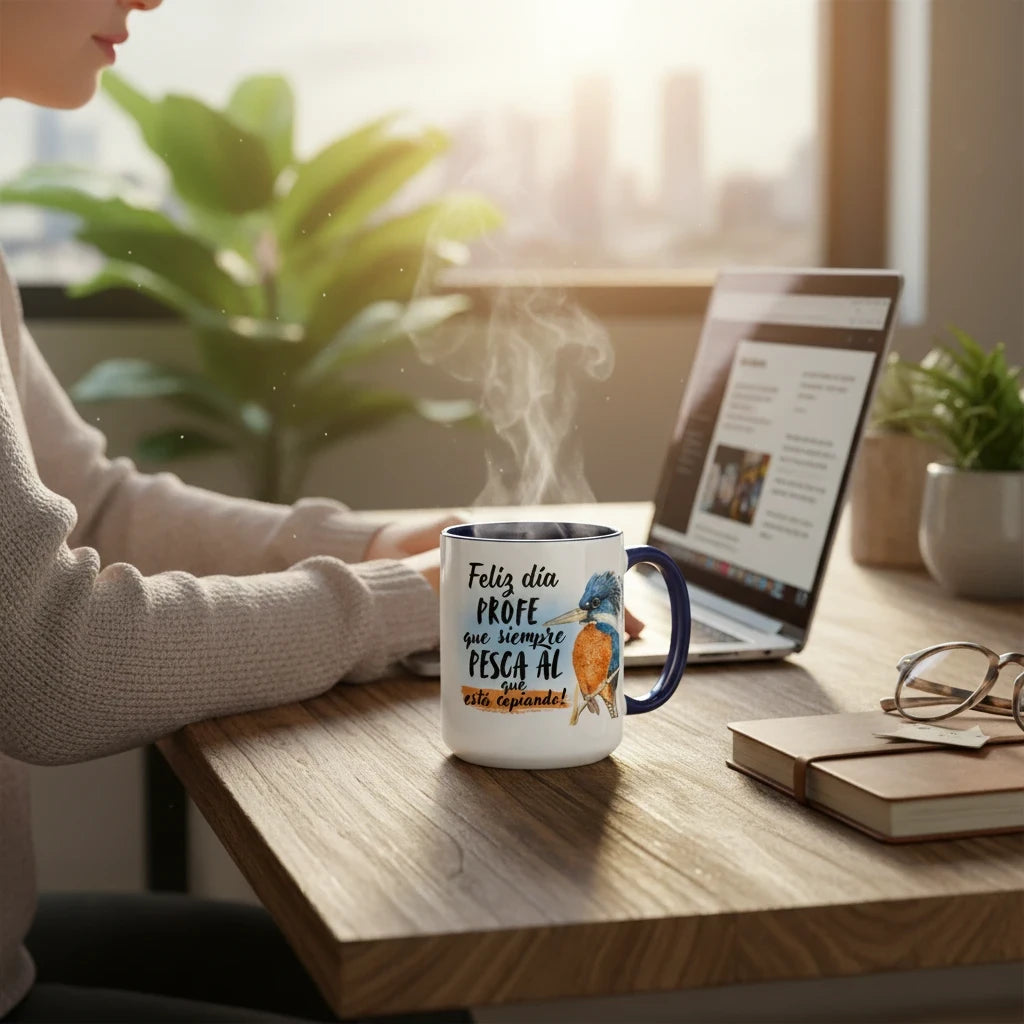Taza de cerámica Alas y raíces para profesores con ilustración de martín pescador y frase divertida en escritorio
