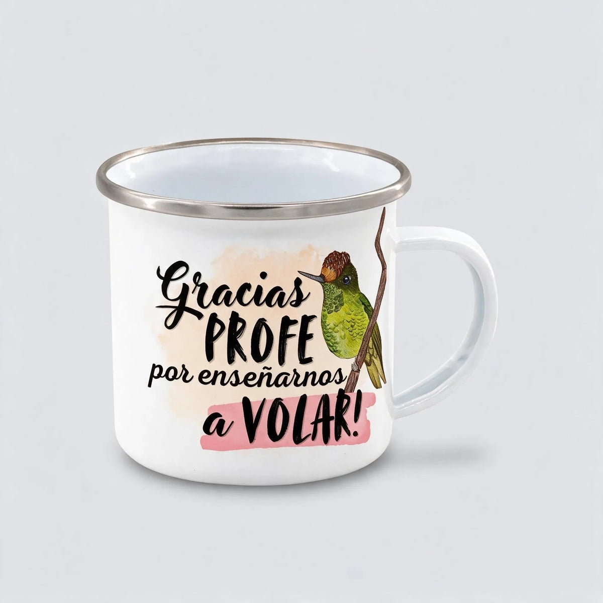 Taza de metal esmaltado Alas y raíces blanca con ilustración de colibrí y frase de agradecimiento para profesores